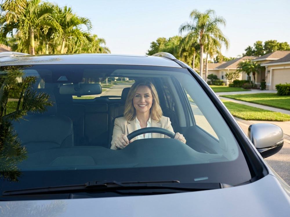 Smiling Florida driver in a modern SUV with auto insurance from MK Insurance Services